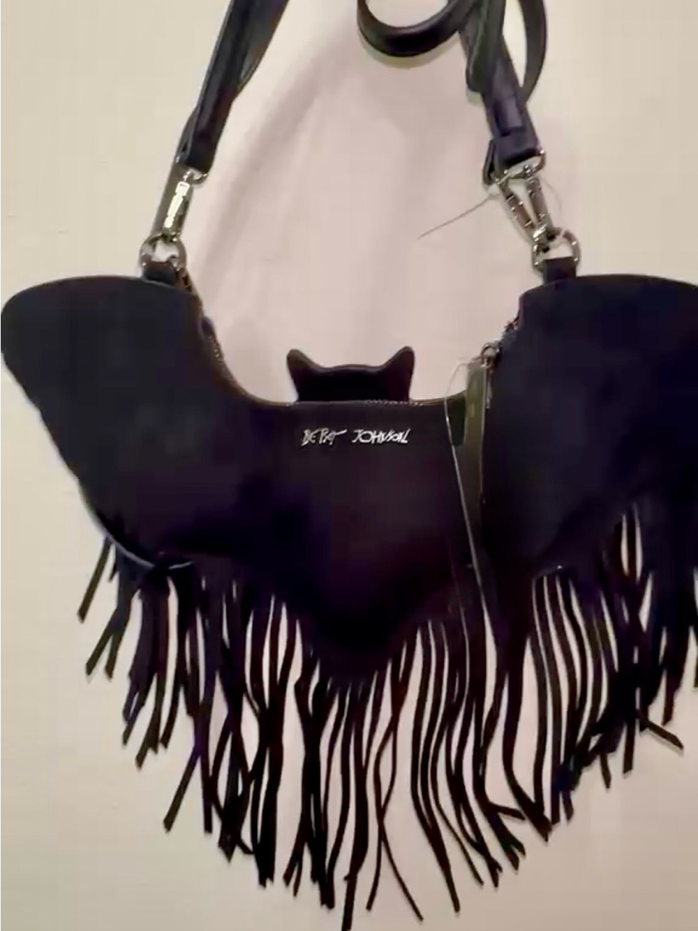 Betsey Johnson Black Fringe Bat-Shaped Shoulder Bag